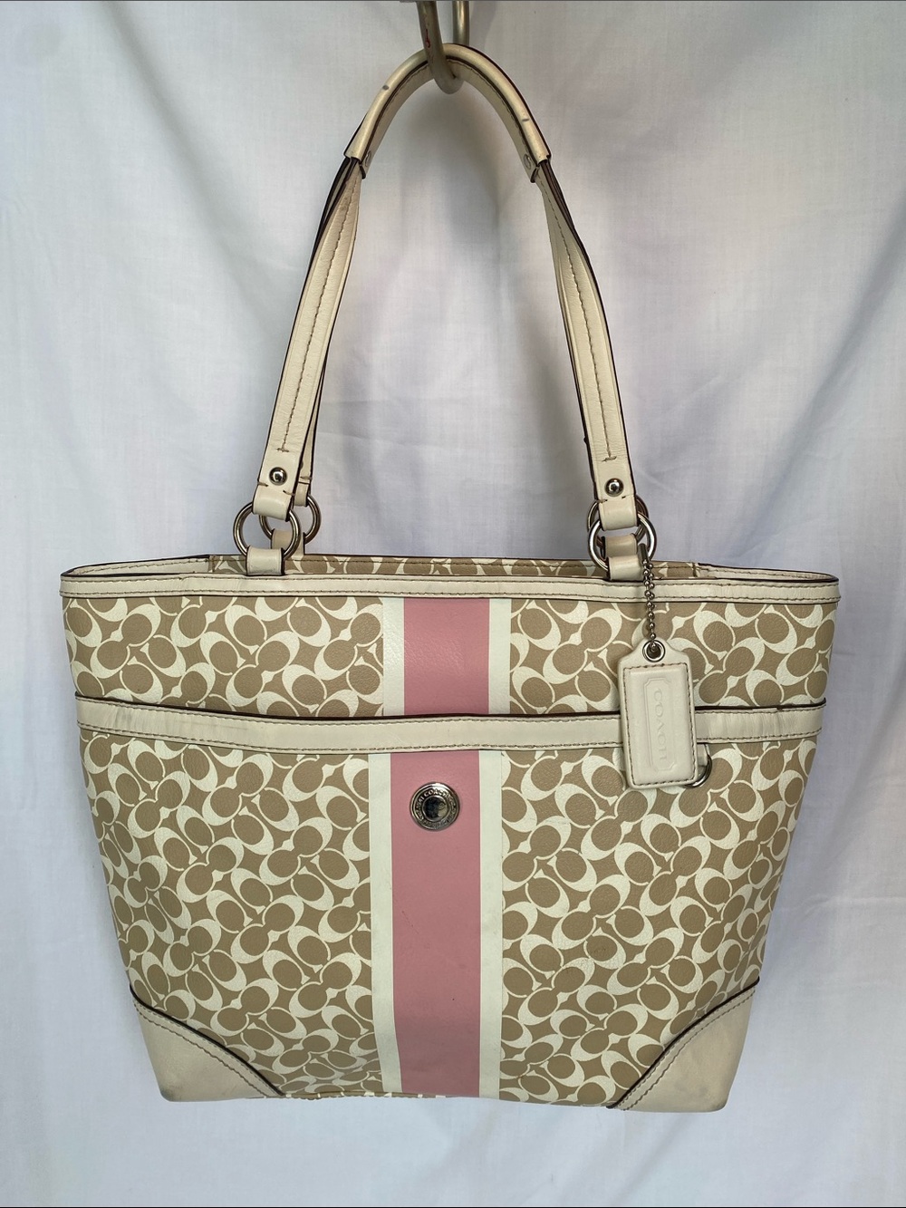 Coach F15137 Beige Signature Chelsea Heritage Tote with Pink Stripe